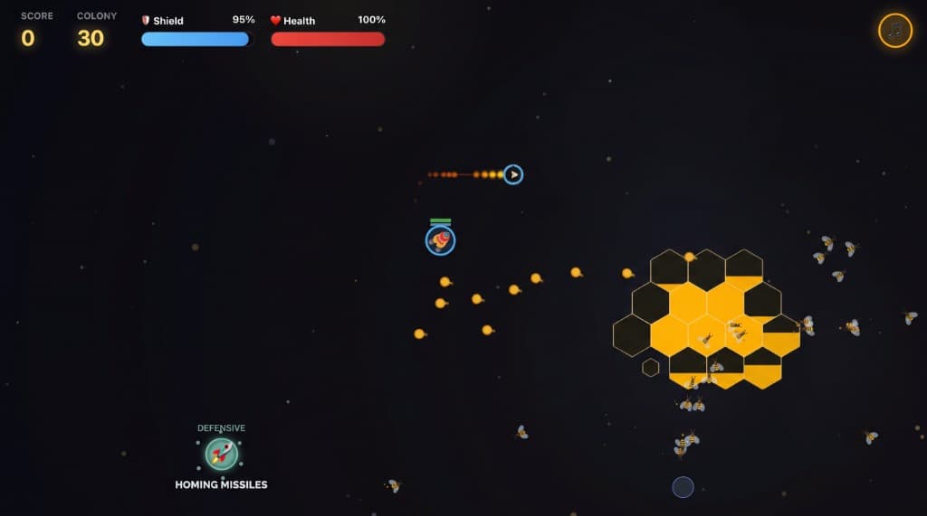 Bee Brave gameplay — player ship firing toward a honeycomb hive while bees swarm, with score, shield, and health HUD