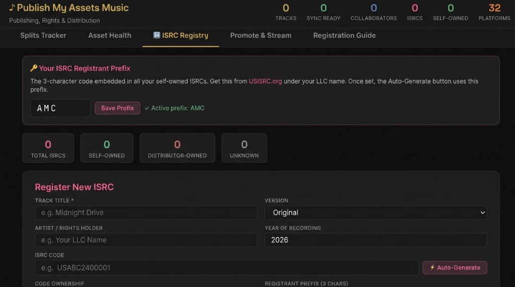 Publish My Assets Music ISRC Registry screen with registrant prefix AMC, stats tiles, and register-new-ISRC form on a dark UI